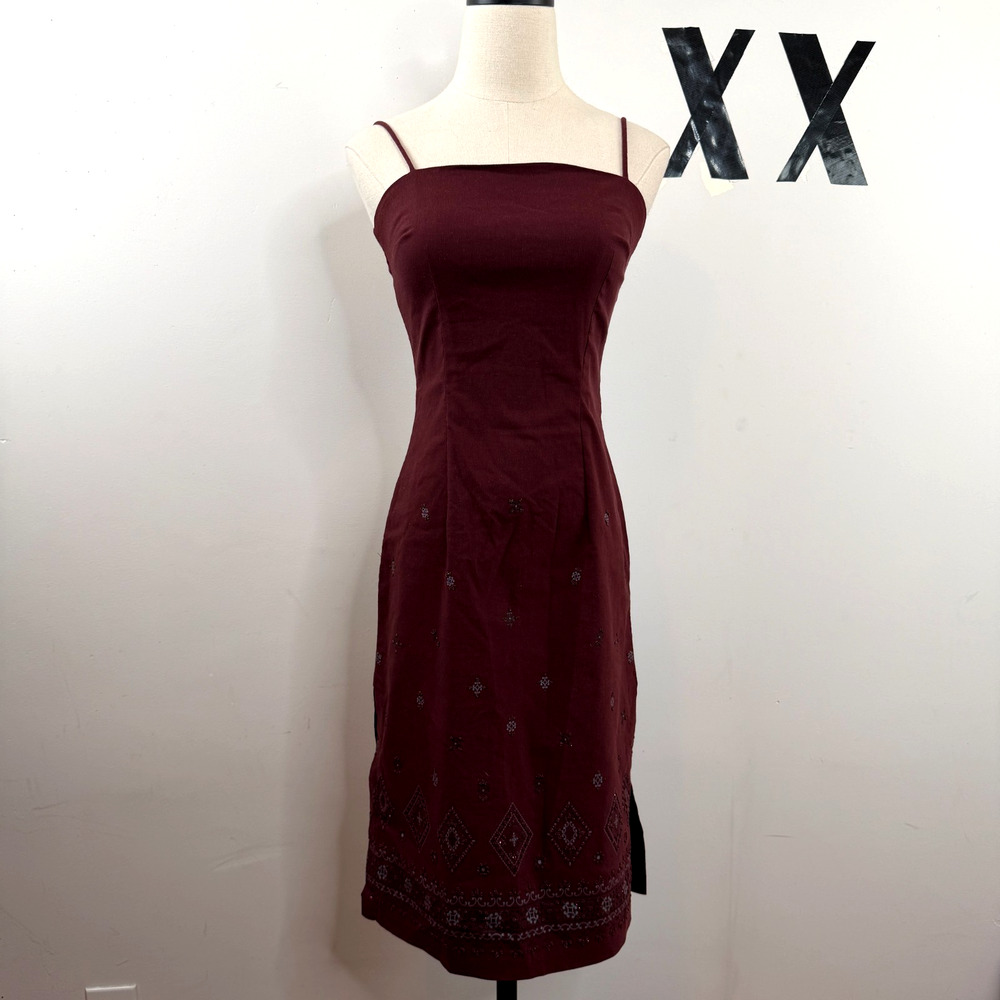 Vintage 90s Oxblood Burgundy Beaded Square Neck Side Slit Bodycon Midi Dress S